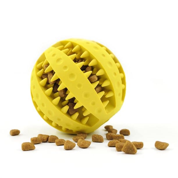 PELOTA DE GOMA PARA MASCOTA LIMPIEZA DE DIENTES CON FUNCION DE DISPENSADOR DE CROQUETAS 7.5 CM MA-1/B